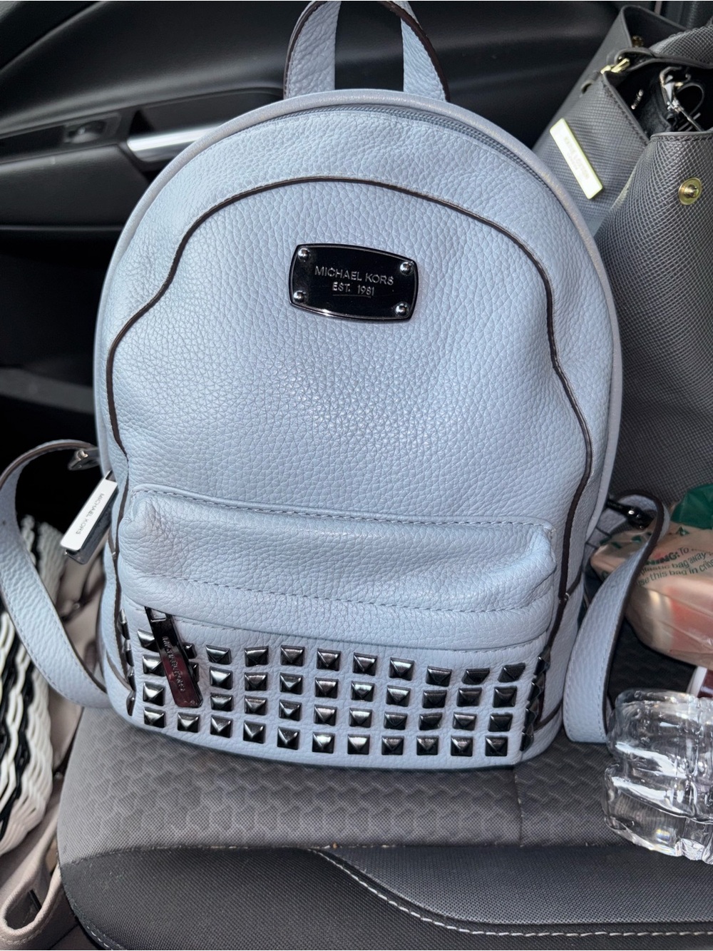 Michael Kors Powder Blue Pebbled Leather Studded Mini Backpack